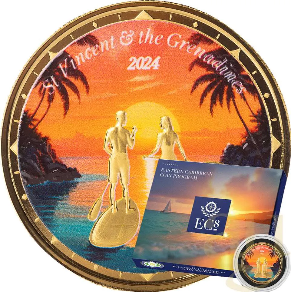 1 Unze Goldmünze EC8 St. Vincent & The Grenadines - Paddleboard Couple 2024 - coloriert