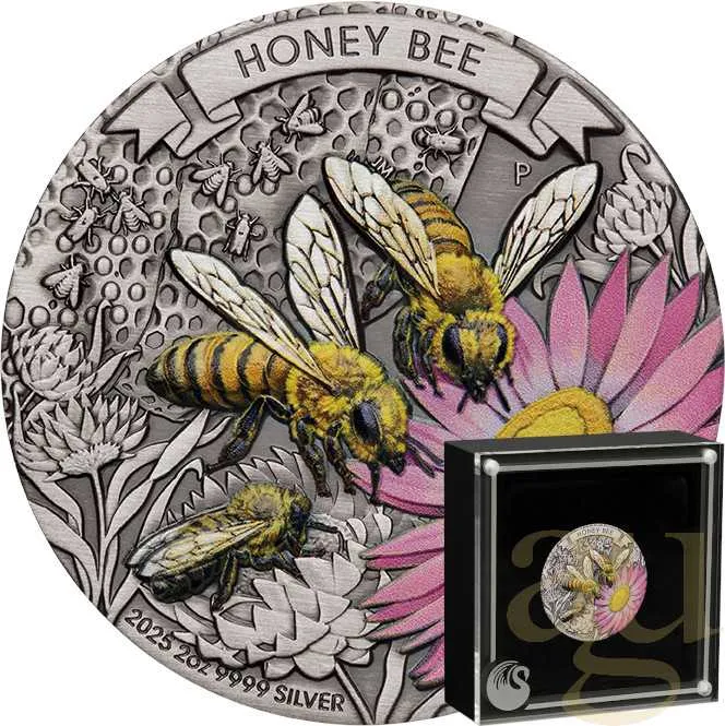 2 Unzen Silbermünze Australien Honey Bee 2025 Antik Finish - coloriert
