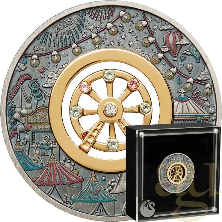 2 Unzen Silbermünze Tuvalu Riesenrad 2025 Antik Finish - coloriert