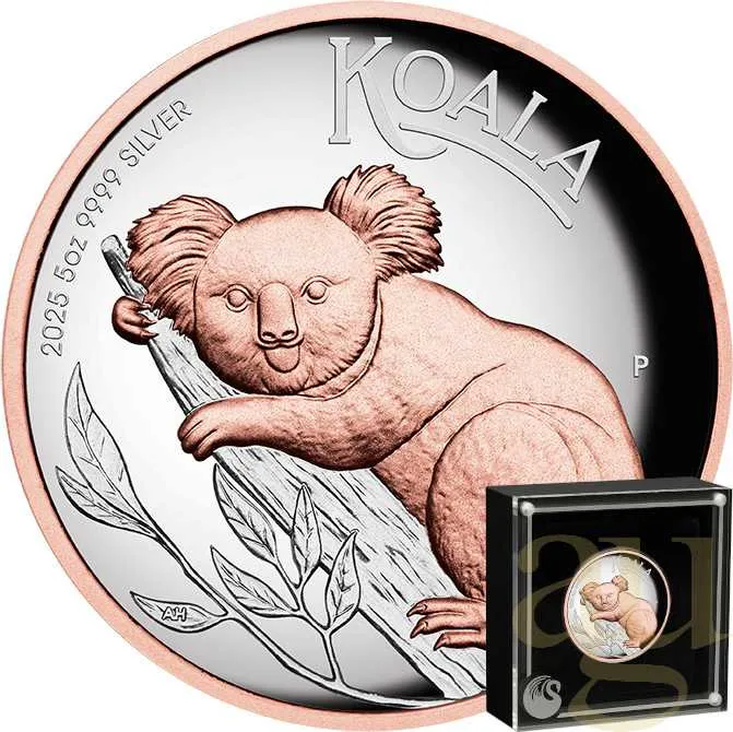 5 Unzen Silbermünze Australien Koala 2025 - High Relief - polierte Platte - rosè vergoldet