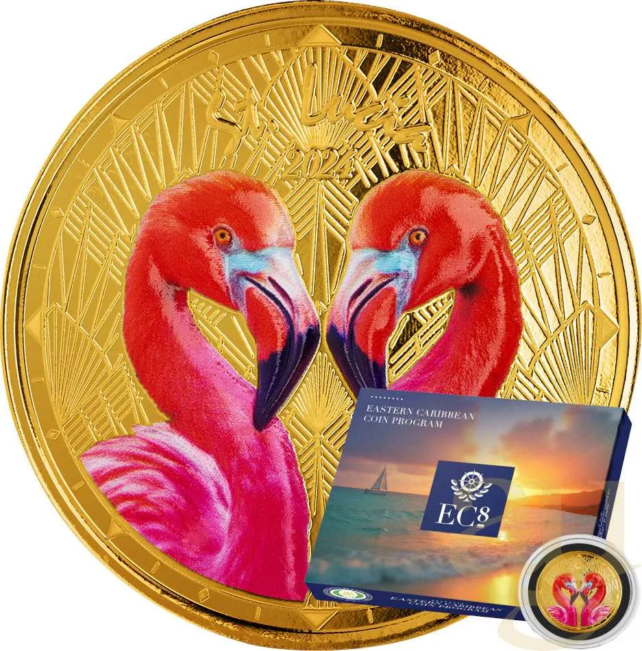 1 Unze Goldmünze EC8 St. Lucia - Flamingos 2024 - coloriert
