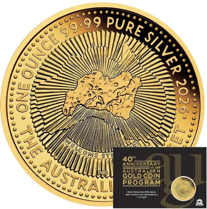 1 Unze Silbermünze Australien Nugget 40 Jahre 2026 ANDA Special teilvergoldet - Coincard
