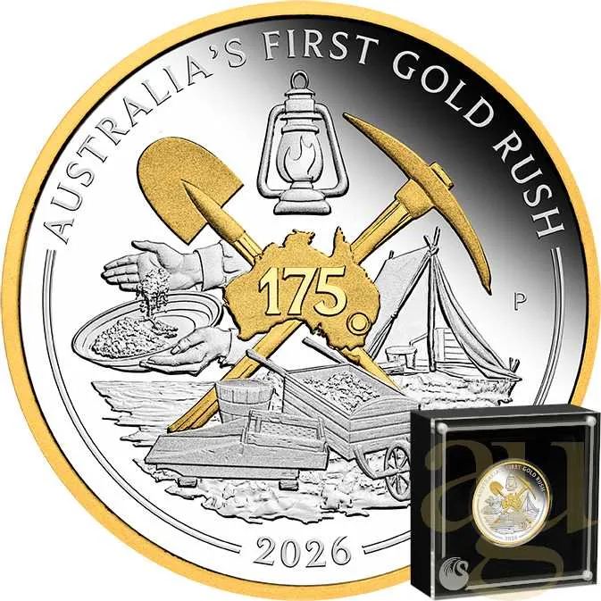 1 Unze Silbermünze Australien 175 Jahre Gold Rush 2026 teilvergoldet - polierte Platte