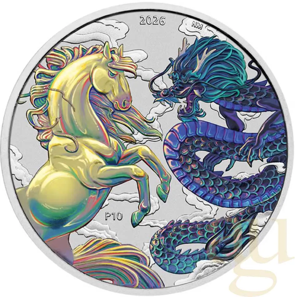 1 Unze Silbermünze Australien Chinese Myths and Legends Dragon and Horse 2026 - Gelb/Blau coloriert