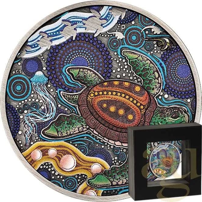 2 Unzen Silbermünze Australien Turtle Yaunati 2026 Antik Finish - coloriert
