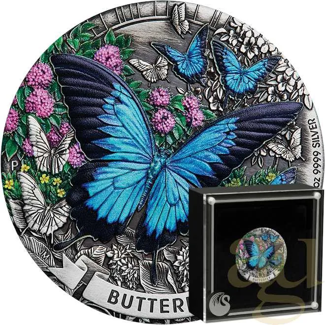 2 Unzen Silbermünze Australien Butterfly 2026 Antik Finish - coloriert