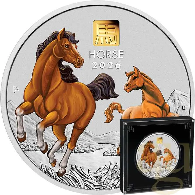 1 Kilogramm Silbermünze Australien Lunar III Pferd 2026 - coloriert mit 1g Gold Privy Mark