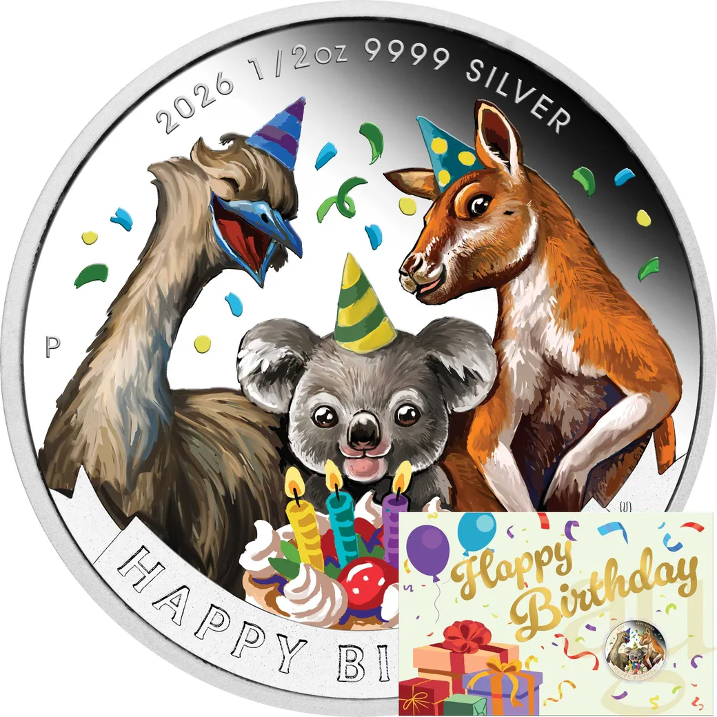 1/2 Unze Silbermünze Australien Happy Birthday 2026 - polierte Platte - coloriert - Coincard