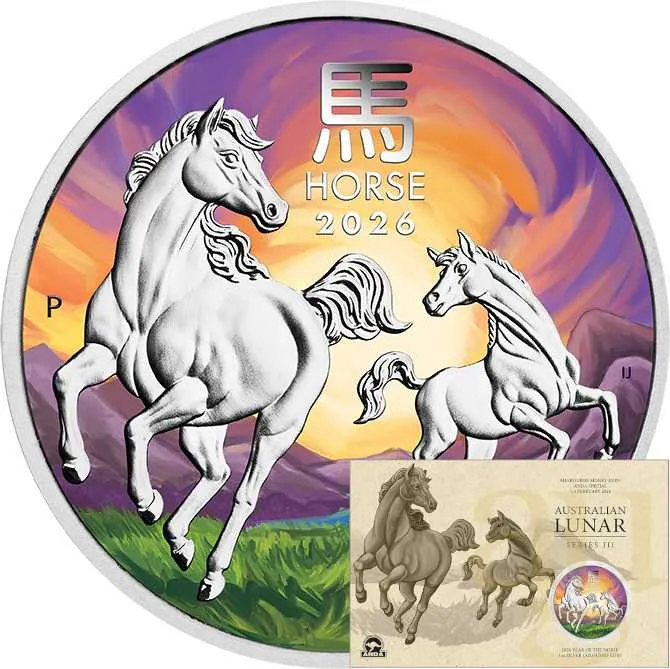 1 Unze Silbermünze Australien Lunar III Pferd 2026 ANDA Special coloriert - Coincard