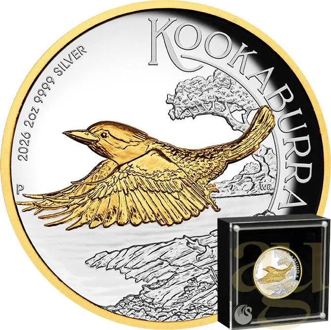 2 Unzen Silbermünze Australien Kookaburra 2026 teilvergoldet - polierte Platte - High Relief