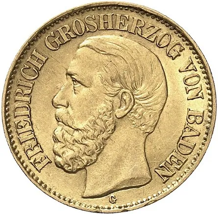 10 Mark Goldmünze Friedrich Grossherzog von Baden J186 (1875-1888)