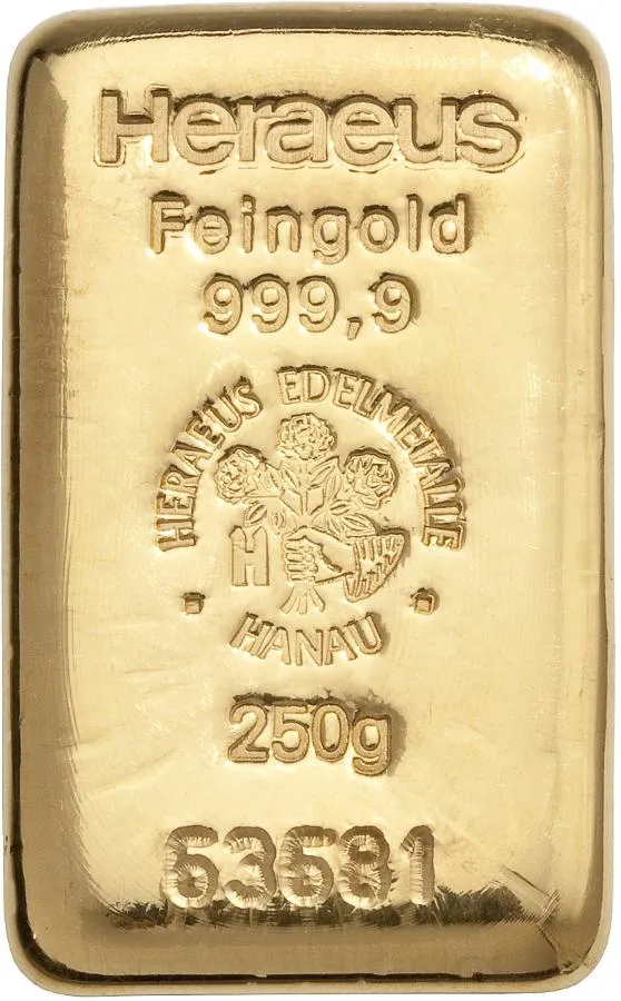 250 Gramm Goldbarren Heraeus