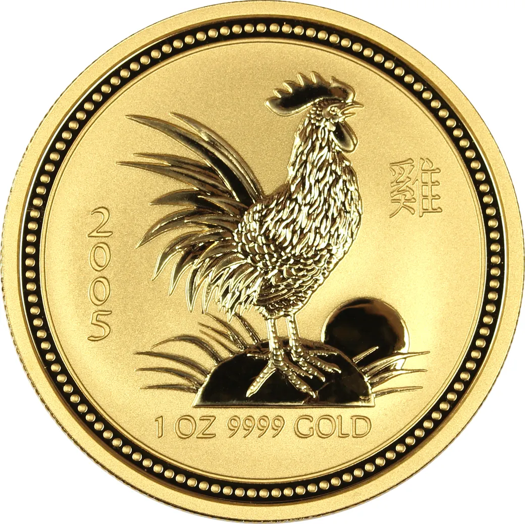 2 Unzen Goldmünze Australien Lunar I Hahn 2005