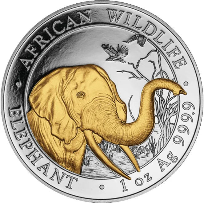 1 Unze Silbermünze Somalia Elefant 2018 teilvergoldet