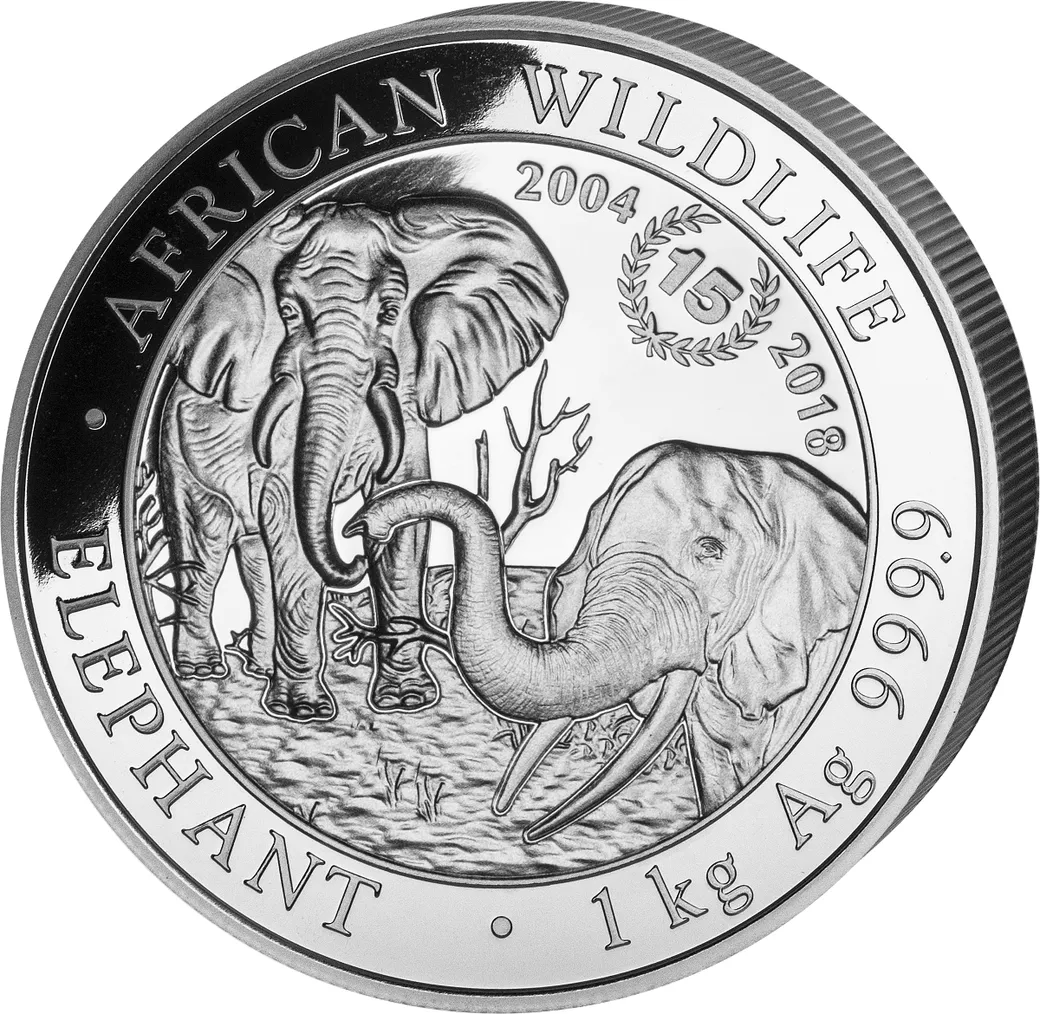 1 Kilogramm Silbermünze Somalia Elefant 2018 - 15 Jahre Jubiläum
