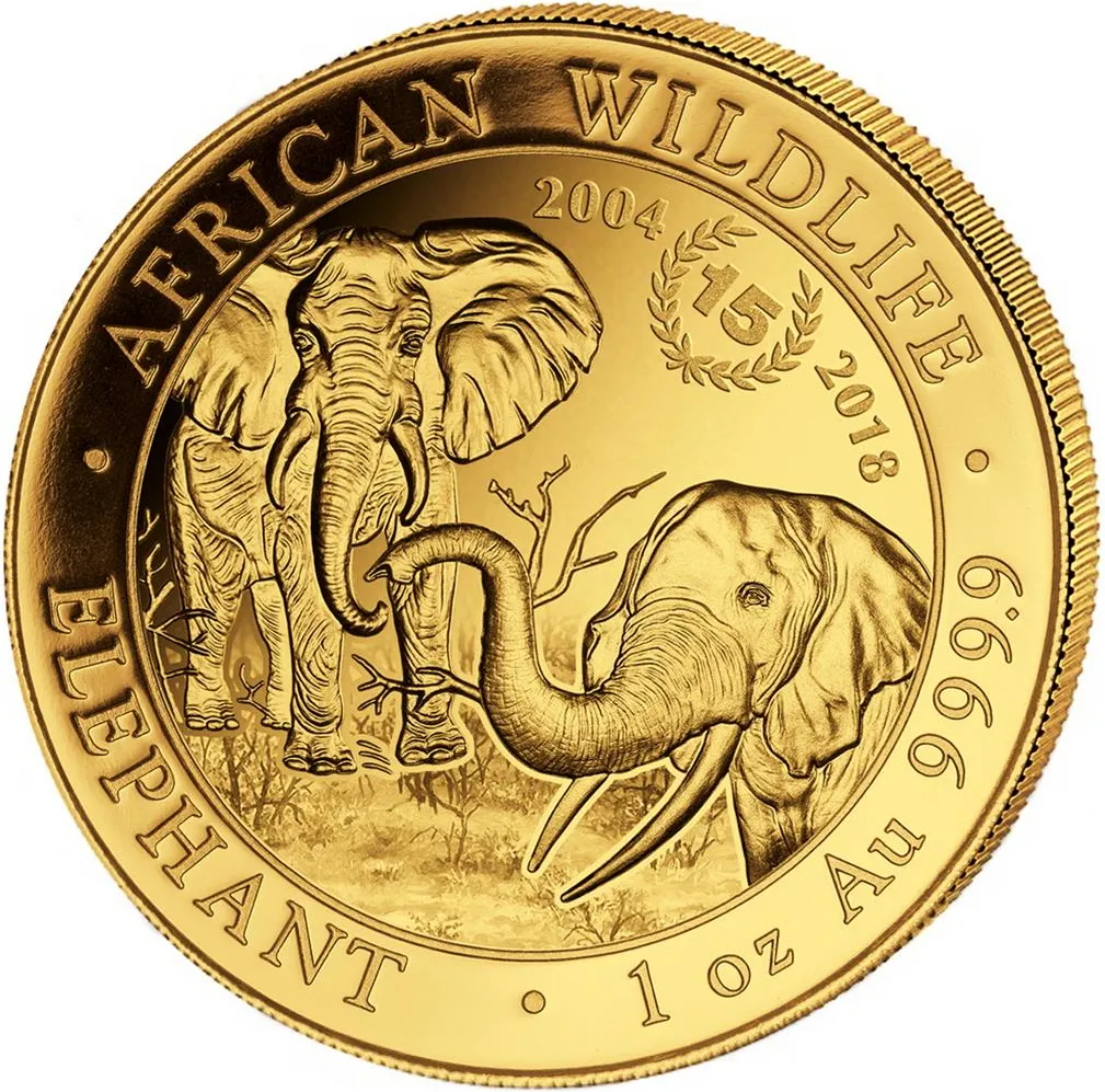 1 Unze Goldmünze Somalia Elefant 2018 - 15 Jahre Jubiläum