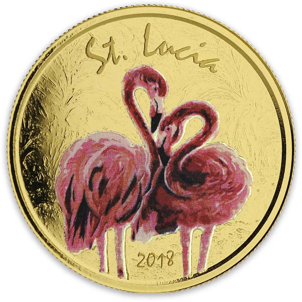 1 Unze Goldmünze EC8 St. Lucia - Flamingo 2018 coloriert