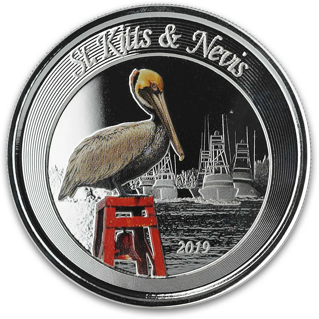 1 Unze Silbermünze EC8 St. Kitts & Nevis - Pelikan 2019 - coloriert