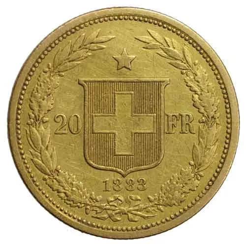 20 schweizer Franken Goldmünze Helvetia 1883
