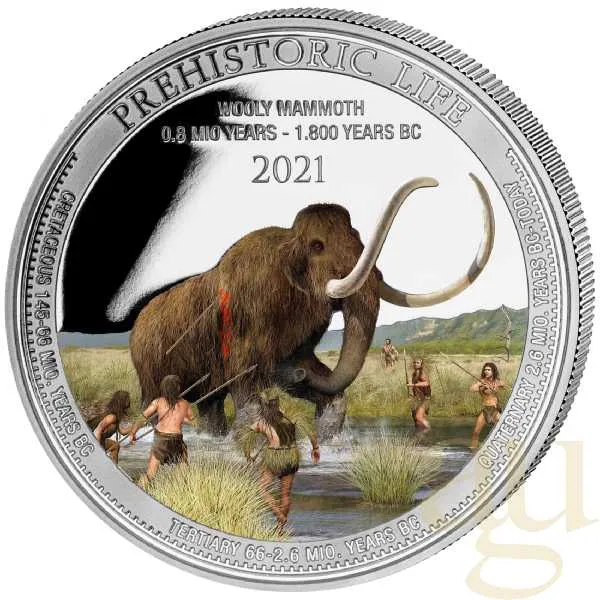 1 Unze Silbermünze Prehistoric Life - Wollmammut 2021 coloriert