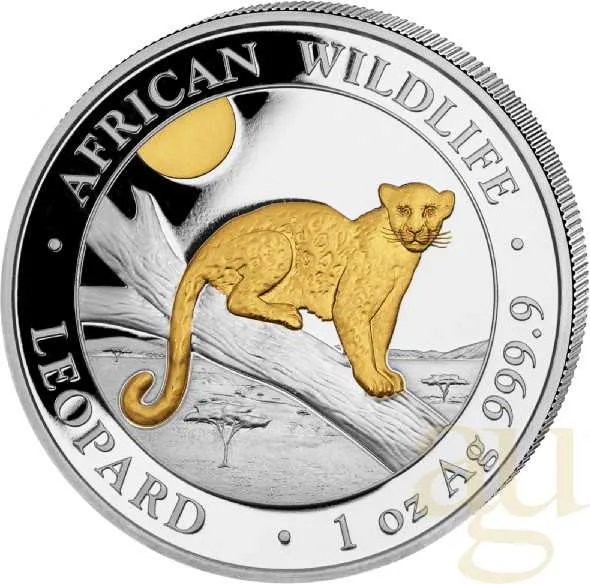 1 Unze Silbermünze Somalia African Wildlife Leopard 2021 - teilvergoldet