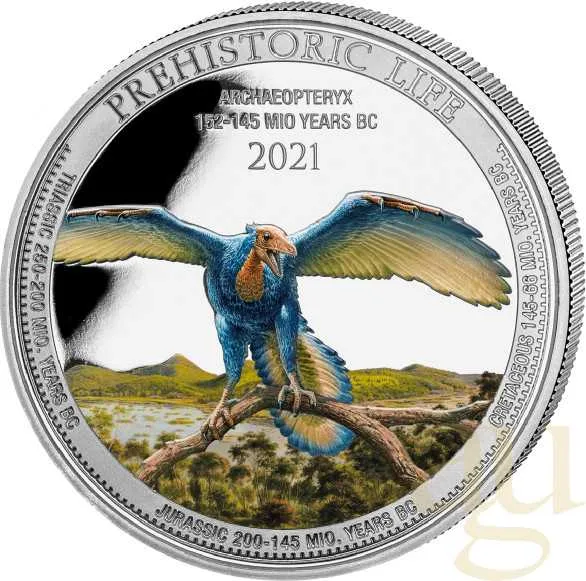 1 Unze Silbermünze Prehistoric Life - Archaeopteryx 2021 - coloriert