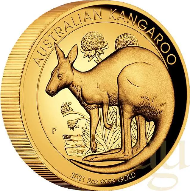 2 Unzen Goldmünze Australien Känguru 2021 - High Relief - polierte Platte