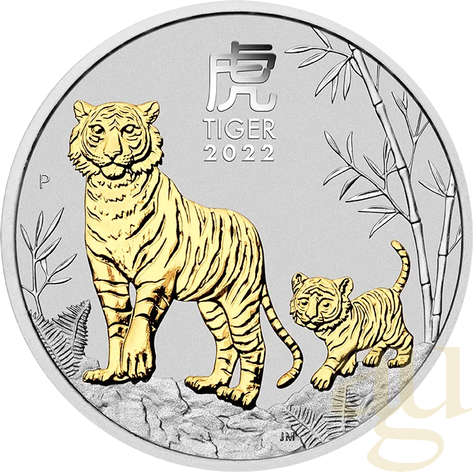 1 Unze Silbermünze Australien Lunar III Tiger 2022 teilvergoldet