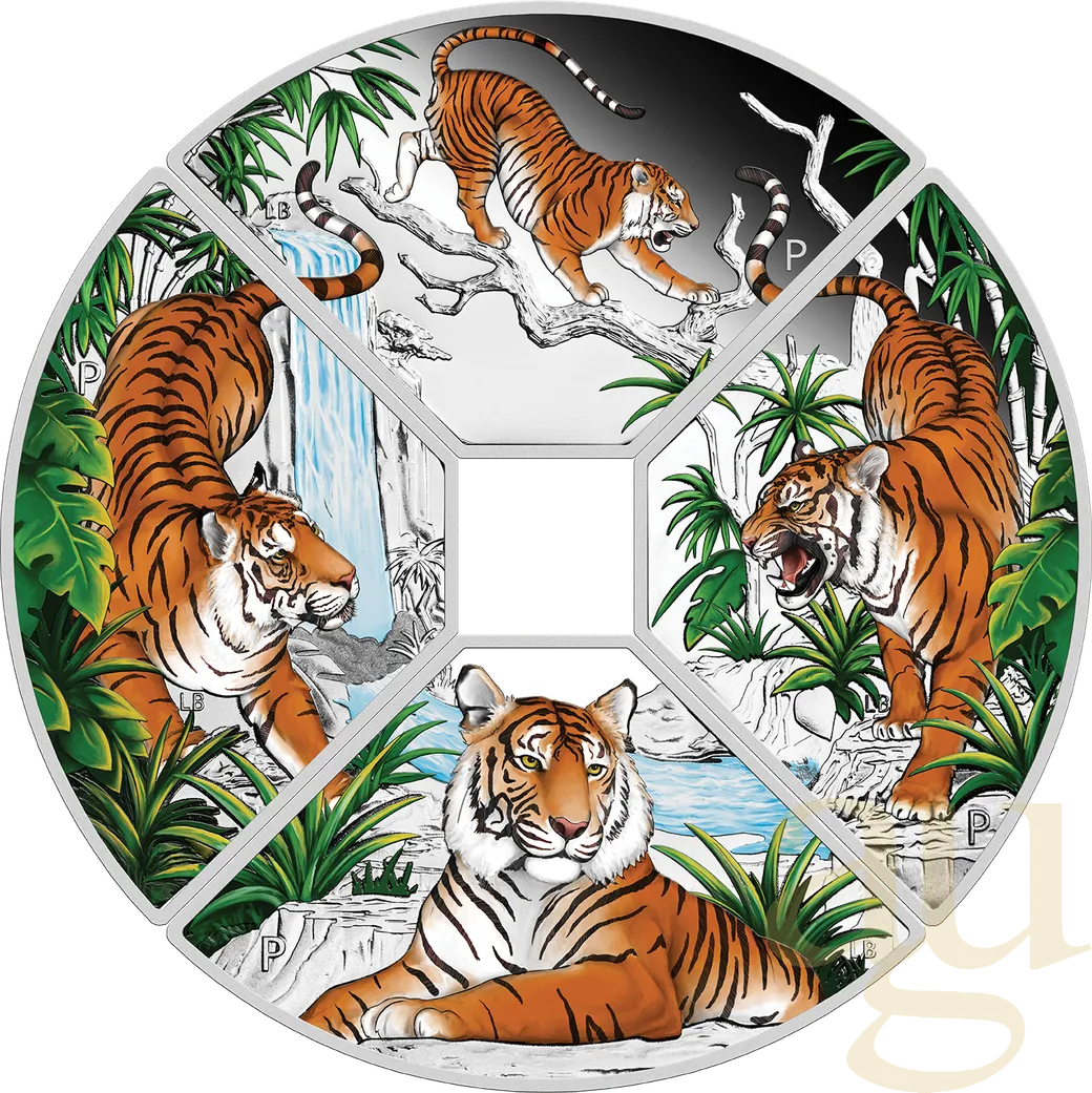 4x 1 Unze Silbermünze Australien Lunar III Tiger 2022 Quadrant Four-Coin-Set coloriert - Proof