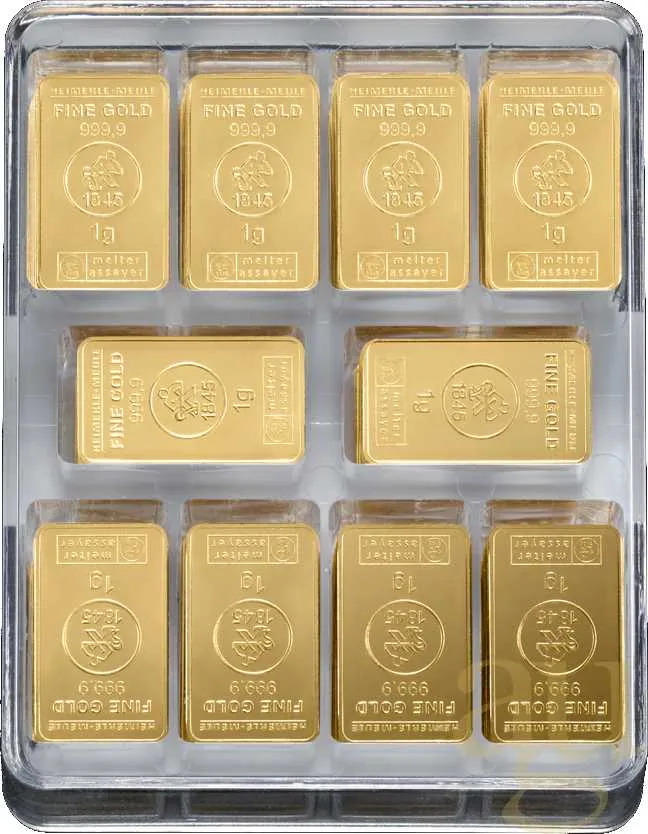 250 x 1 Gramm Goldbarren Heimerle + Meule UnityBox