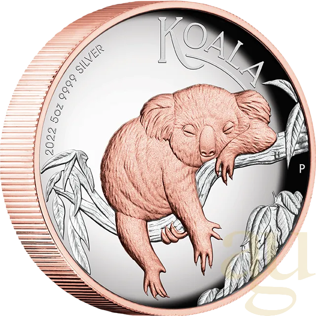 5 Unzen Silbermünze Australien Koala 2022 - High Relief - polierte Platte - rosè vergoldet
