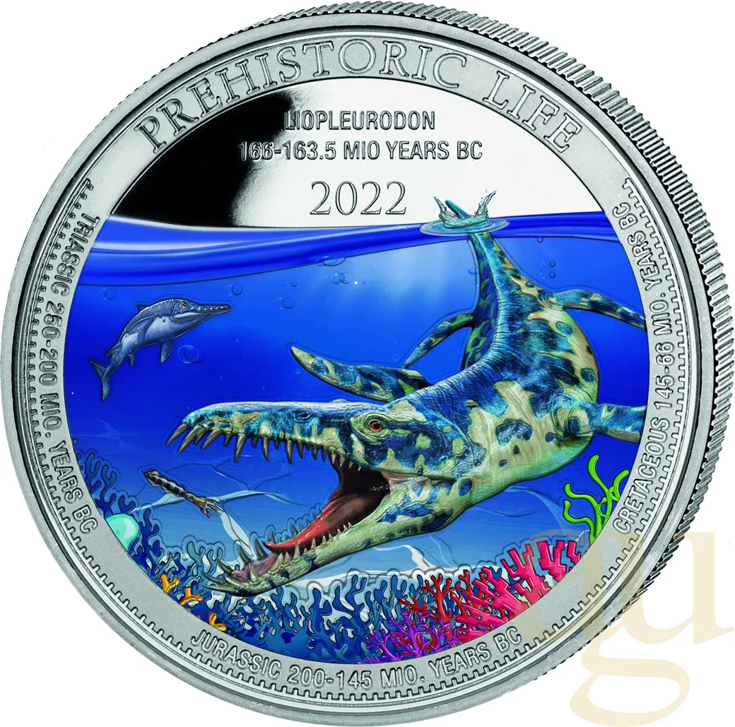1 Unze Silbermünze Prehistoric Life - Liopleurodon 2022 coloriert