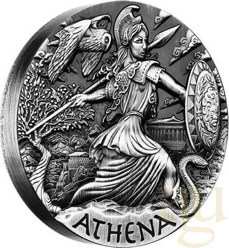 2 Unzen Silbermünze Tuvalu - Gods of Olympus - Athena 2015 Antik Finish High Relief