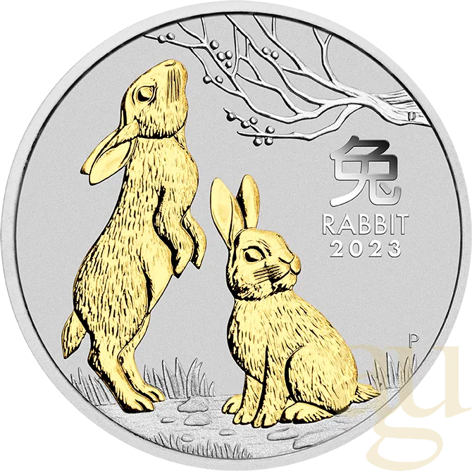 1 Unze Silbermünze Australien Lunar III Hase 2023 teilvergoldet