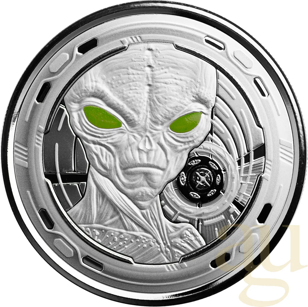 1 Unze Silbermünze Afrika Ghana Alien 2022 - Coloriert