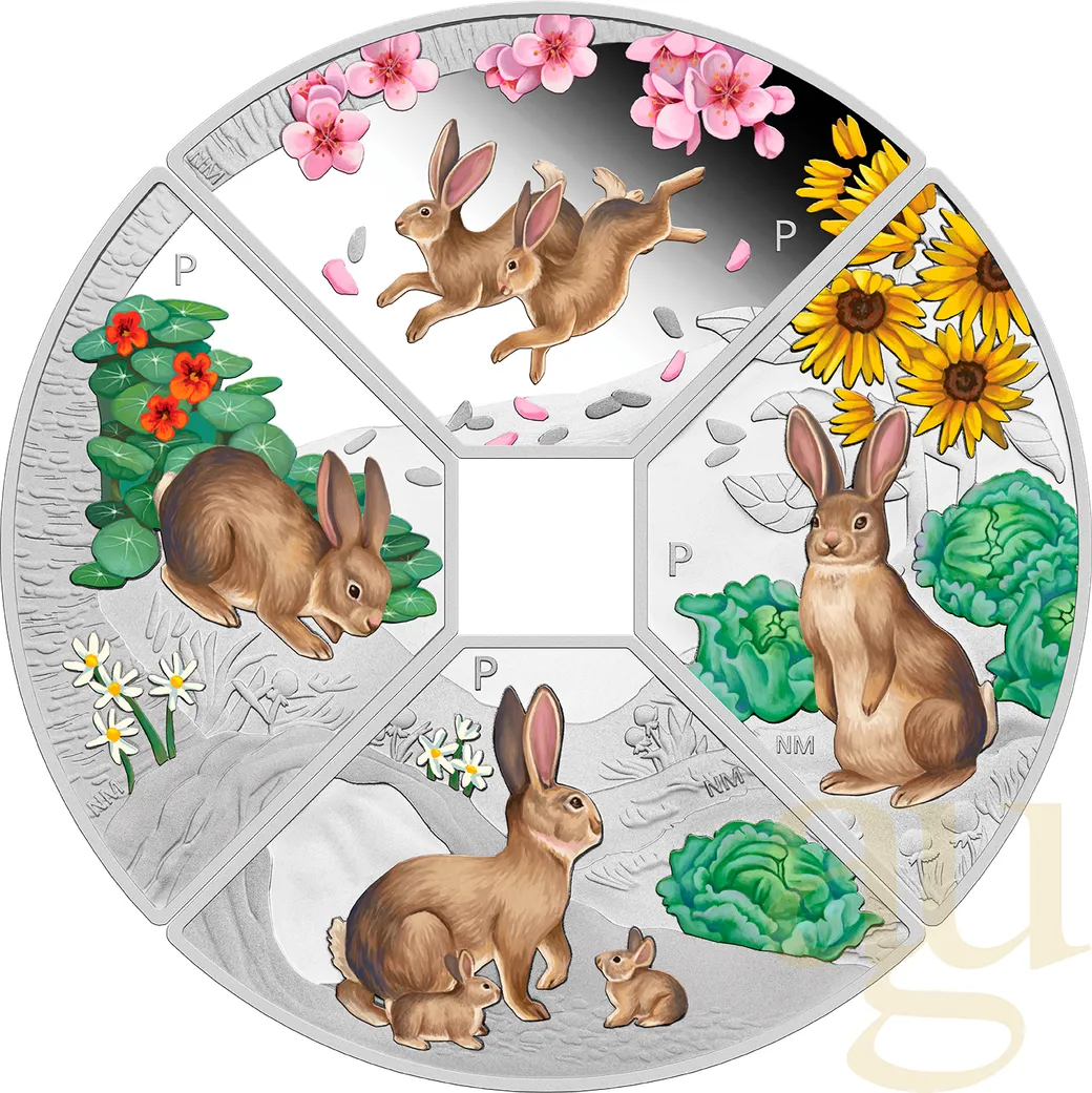4x 1 Unze Silbermünze Australien Lunar III Hase 2023 Quadrant Four-Coin-Set coloriert - Proof