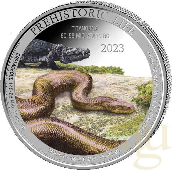 1 Unze Silbermünze Prehistoric Life - Titanoboa 2023 coloriert