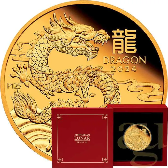 1 Unze Goldmünze Australien Lunar III Drache 2024 - polierte Platte