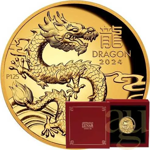 1 Unze Goldmünze Australien Lunar III Drache 2024 - polierte Platte - High Relief