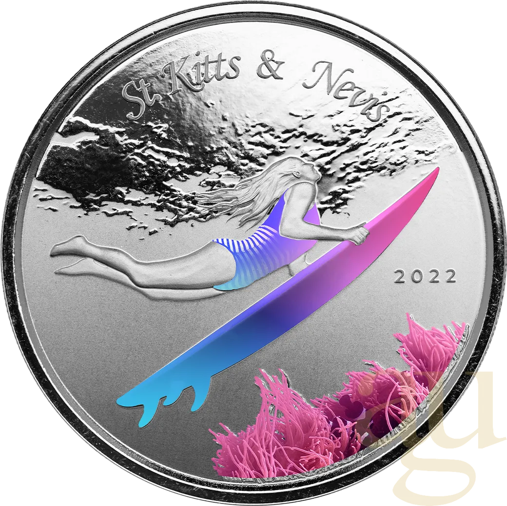 1 Unze Silbermünze EC8 St. Kitts & Nevis - Surfer 2022 - coloriert