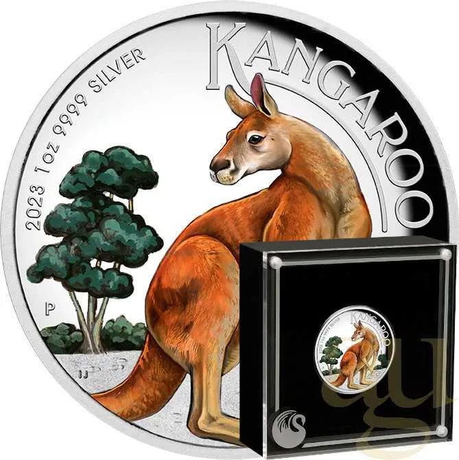 1 Unze Silbermünze Australien Känguru 2023 - polierte Platte - High Relief - coloriert