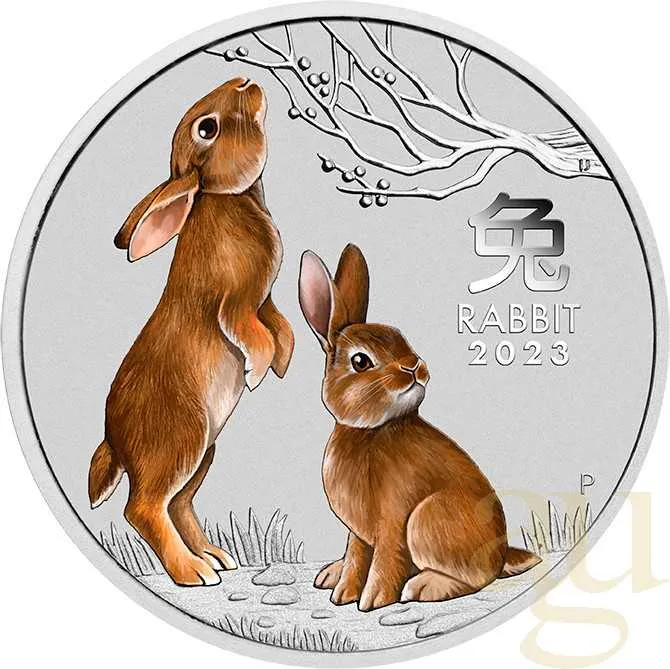 1/2 Unze Silbermünze Australien Lunar III Hase 2023 - coloriert