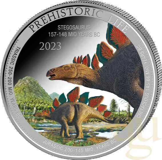 1 Unze Silbermünze Prehistoric Life - Stegosaurus 2023 coloriert
