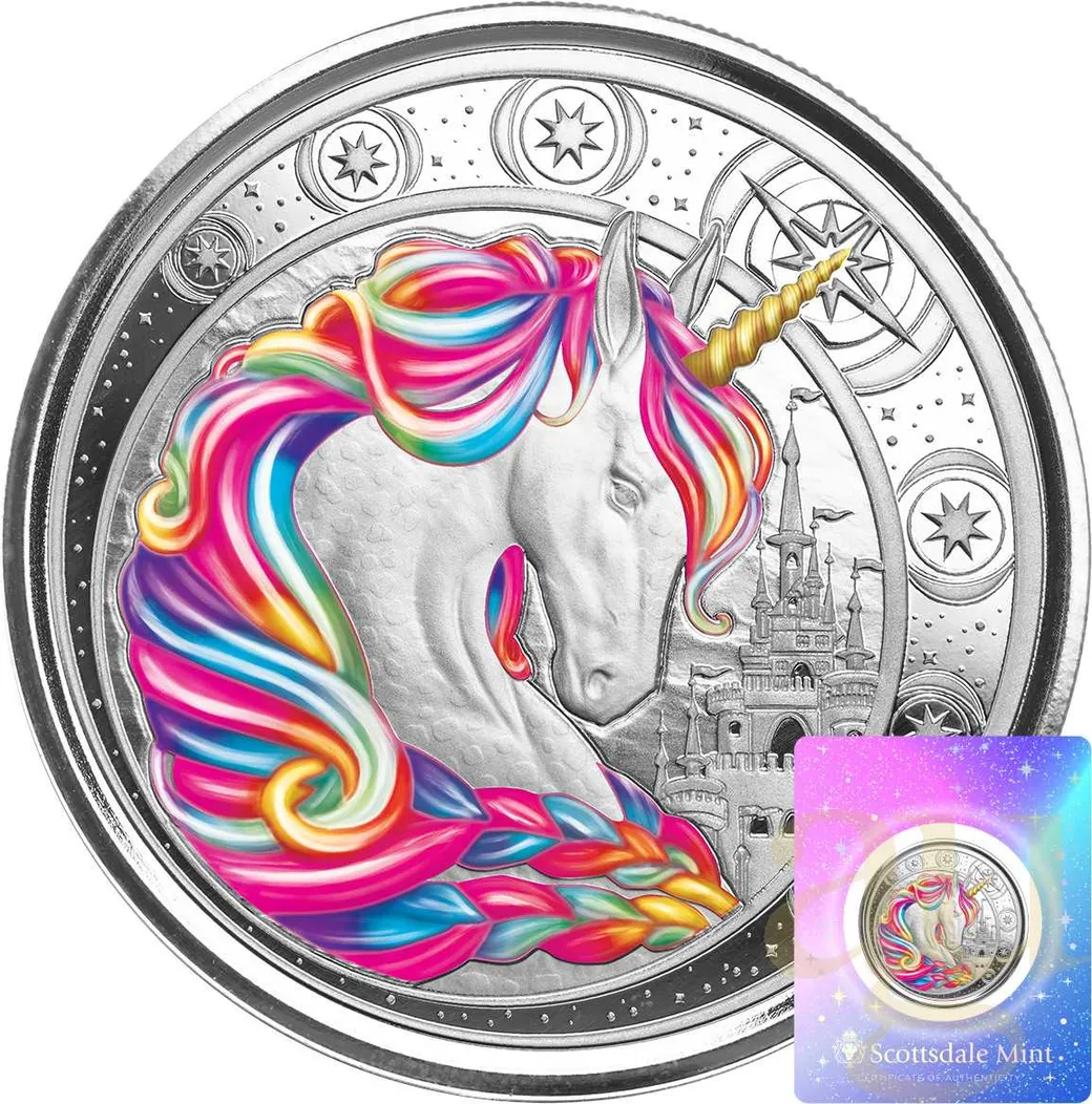 1 Unze Silbermünze Afrika Ghana Unicorn 2023 - coloriert