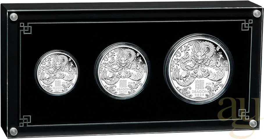 Silbermünze Australien Lunar III Drache 2024 - polierte Platte - Three Coin Set