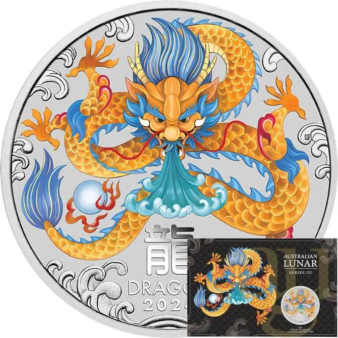 1 Unze Silbermünze Australien Lunar III Drache 2024 coloriert - Coincard