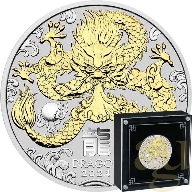 1 Unze Silbermünze Australien Lunar III Drache 2024 teilvergoldet