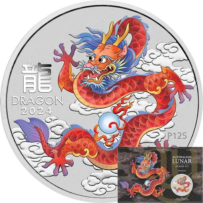 1 Unze Silbermünze Australien Lunar III Drache 2024 rot coloriert - Coincard