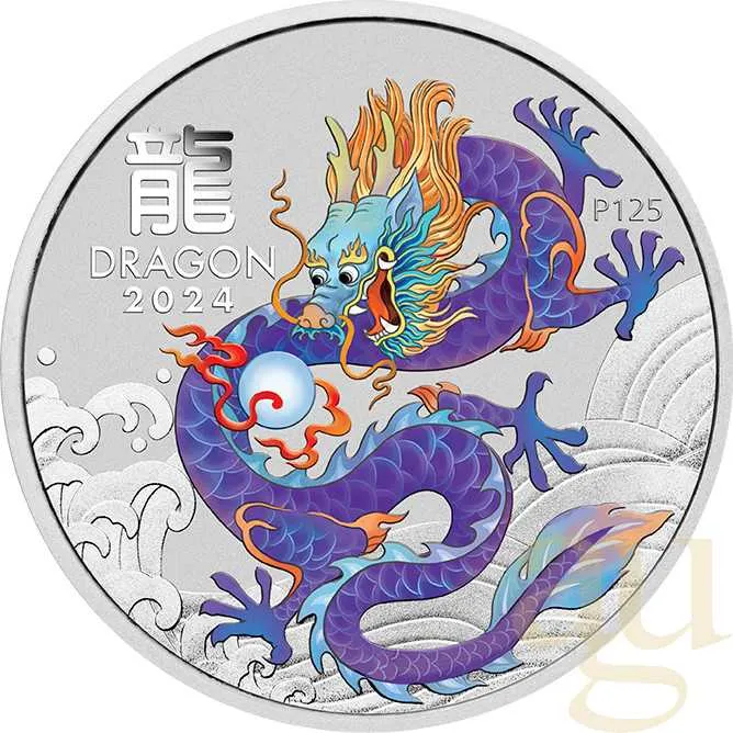 1 Unze Silbermünze Australien Lunar III Drache 2024 violett coloriert