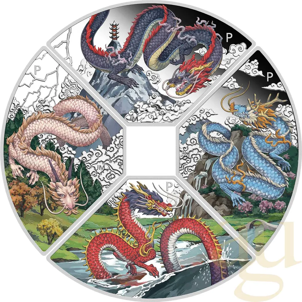 4x 1 Unze Silbermünze Australien Lunar III Drache 2024 Quadrant Four-Coin-Set coloriert - Proof